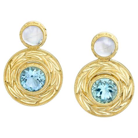 Cabochon and Faceted Aquamarine, Yellow Gold Hand Engraved Round Drop ...