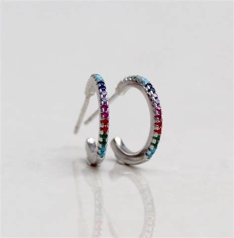 Tiny Rainbow Hoops Rainbow Huggies Silver Pave Hoops Etsy Uk