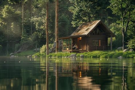 Premium Photo A Peaceful Lakeside Cabin Surrounded By Trees