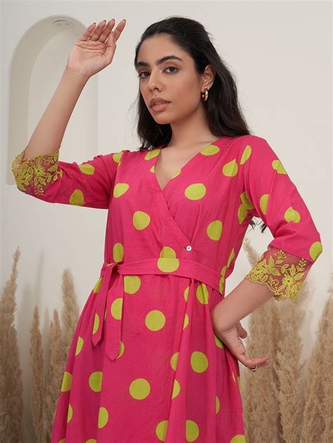 Buy Fuchsia Lime Green Polka Dot Hand Block Printed Cotton Dress With