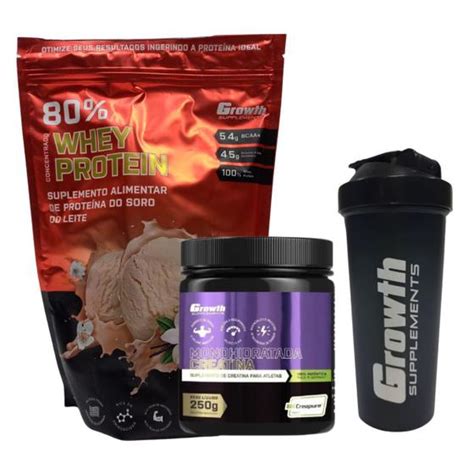 Kit Whey Protein 80 1kg Creatina Growth Coqueteleira Growth