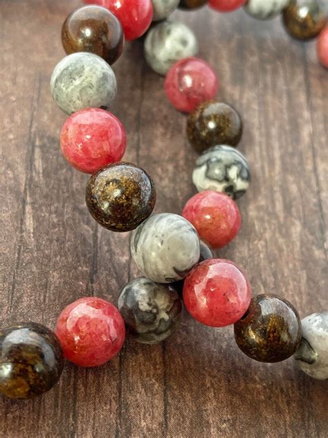 Thulite Bronzite And Gray Crazy Lace Agate Bracelet For Etsy