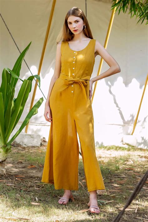 Buy Yellow Linen Square Neck Button Down Jumpsuit For Women By