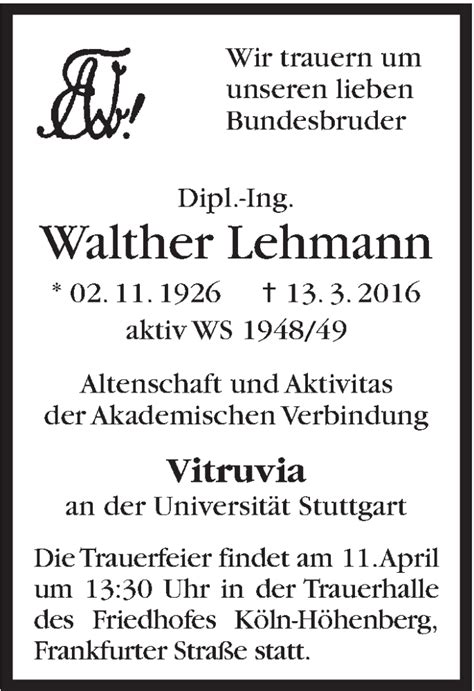 Traueranzeigen Von Walther Lehmann Stuttgart Gedenkt De