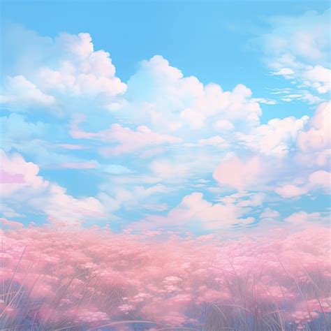 Premium Ai Image Blue Sky With Soft Clouds Above Fields And Flowers