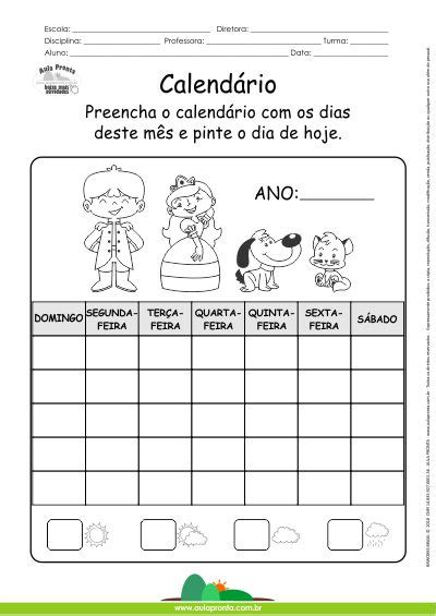 Atividade Calendário Preencha os dias do mês Disciplina