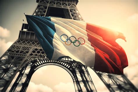 Drapeau français avec cinq anneaux sur la Tour Eiffel Jeux Olympiques à