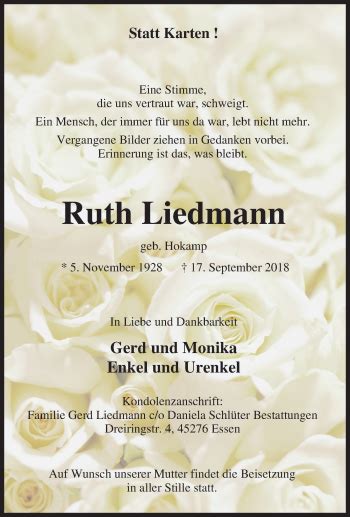 Traueranzeigen Von Ruth Liedmann Trauer In Nrw De