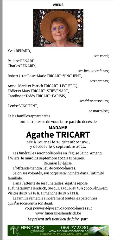 Agathe Tricart De Tournai Annonce De Décès Sur Enmemoire Be En Mémoire