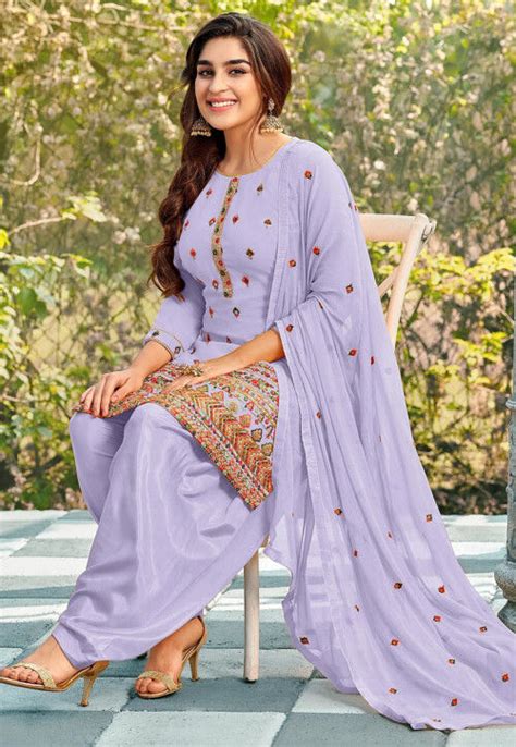 Buy Embroidered Georgette Punjabi Suit In Light Purple Online