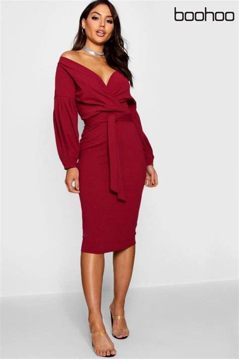 Womens Boohoo Off Shoulder Wrap Midi Dress Red Boohoo Dresses Wrap