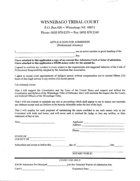 Nebraska Winnebago Tribal Court Application For Admission Professional