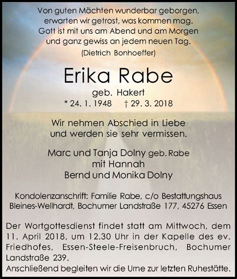 Traueranzeigen Von Erika Rabe Trauer In NRW De