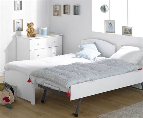 Lit Enfant Gigogne Nature Blanc 90x190 Cm Avec 2 Matelas