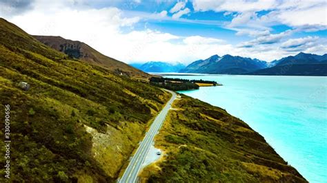 Time Lapse Of Scenic Winding Road Along Lake Pukaki To Mount Cook