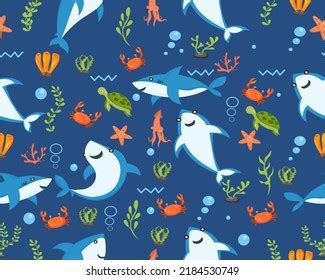 Cute Sharks Pattern Cartoon Shark Seaweed Stock Vector Royalty Free