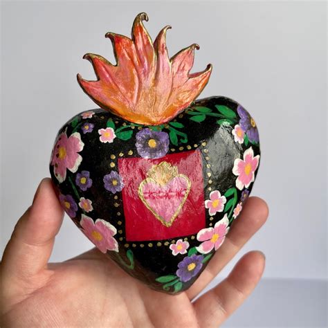 Sacred Heart Hand Painted Black Floral Papier M Ch Etsy