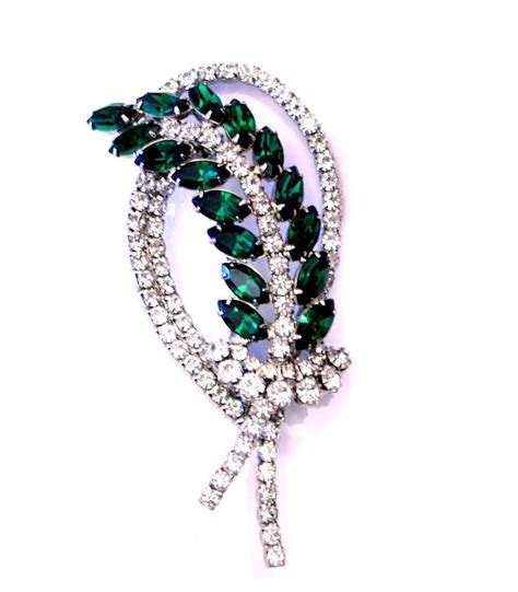 Wow And Wow Large Emerald Green And Clear Rhinestone Brooch Etsy