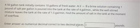 Solved A 50 Gallon Tank Initially Contains 10 Gallons Of Chegg