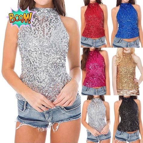 Womens Shimmer Flashy All Sequins Embellished Sparkle Vest Tank Tops Buy At A Low Prices On