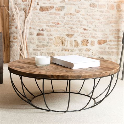 Table Basse Ronde Teck Recycl Structure Filaire Noire Plateau Swing