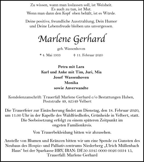 Traueranzeigen Von Marlene Gerhard Trauer In Nrw De