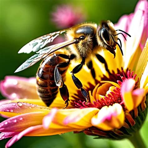 Close Up Honey Bee Sipping Nectar On A Flower All S