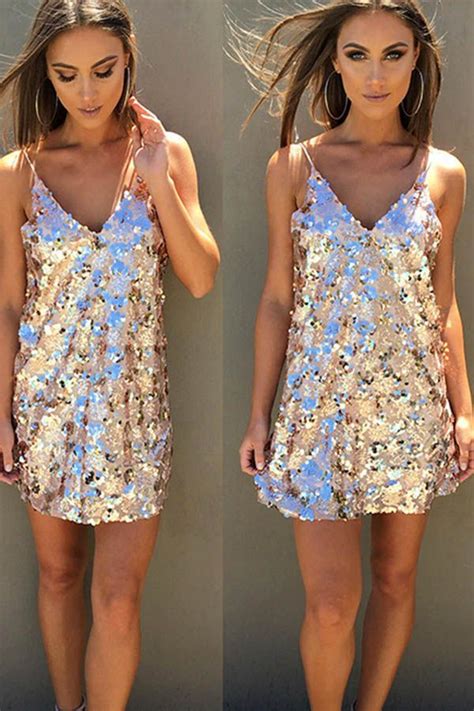 Gold V Neck Spaghetti Straps Sleeveless Sequins Slip Party Dress