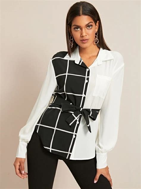 Two Tone Plaid Button Front Belted Blouse Blouses For Women Belt Blouse Blouse