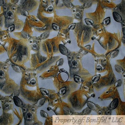 Boneful Fabric Fq Cotton Quilt Gray Brown Winter Scenic Deer Head Face