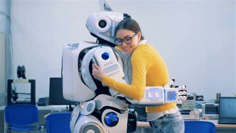 Young Woman Is Coming To A Human Like Robot They Are Hugging And