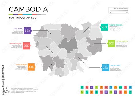 Cambodia Map Infographics With Editable Separated Layers Zones Elements And District Area In