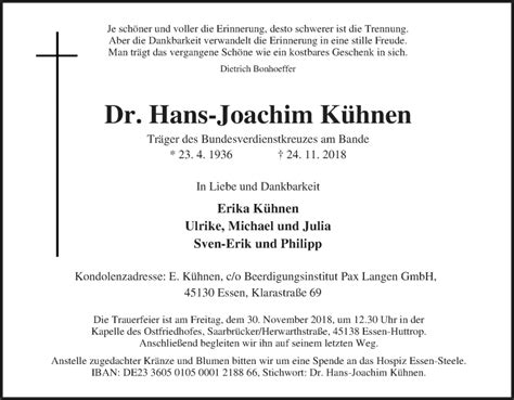 Traueranzeigen Von Hans Joachim K Hnen Trauer In Nrw De