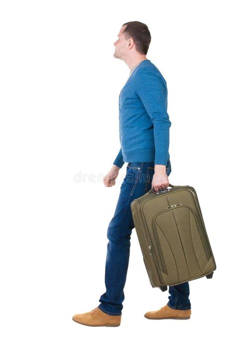 Back View Of Walking Man In Pullover With Suitcase Stock Image Image