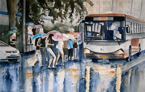 Painting Original Watercolor Tourists At The Bus Station Art