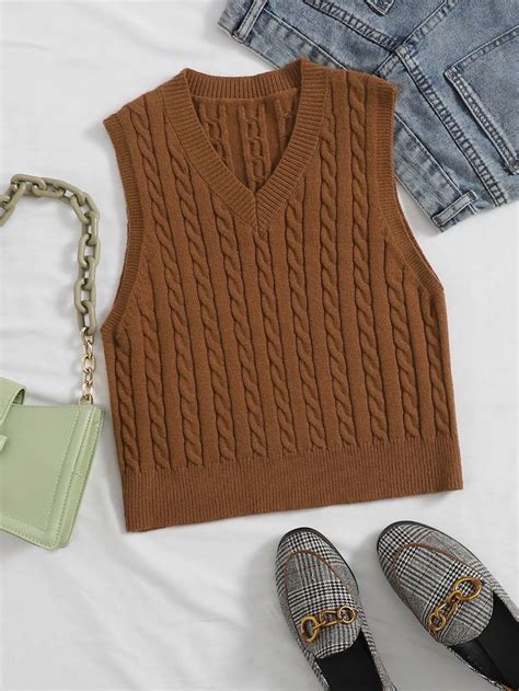 V Neck Cable Knit Sweater Vest Shein Uk Knit Vest Outfit Sweater Vest Vest Outfits For Women