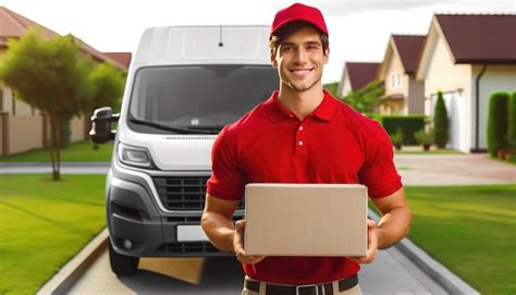 Amigable Hombre De Entrega En Uniforme Rojo Sonriendo Mientras Sostiene