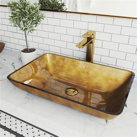 Vigo Glass Rectangular Vessel Bathroom Sink In Gold With Norfolk Faucet