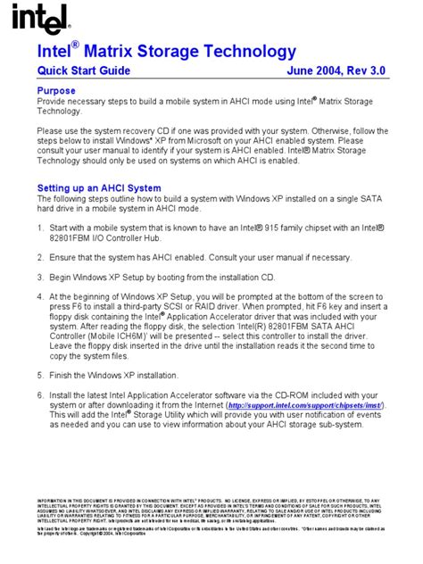 Intel Matrix Storage Technology Quick Start Guide June 2004 Rev 30