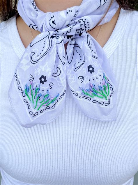 Purple Bandana With Embroidered Lavender Flowers Bandana Etsy