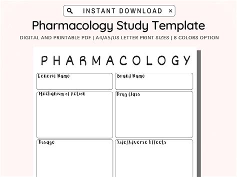 Pharmacology Nursing Template Printable Minimalist Nursing Student