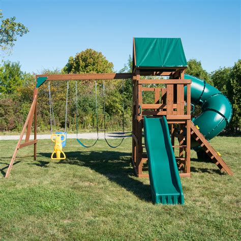 Swing N Slide Denali Tower Wooden Swing Set With 5 Turbo Tube Slide