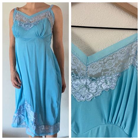 Vintage Slip Nightie Sky Blue Negligee Lace Dress Cute Womens Etsy