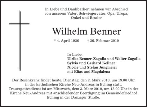 Traueranzeigen Von Wilhelm Benner Trauer Merkur De