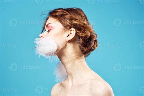 Smiling Woman Naked Shoulders Earrings Posing Blue Background 22453817 Stock Photo At Vecteezy