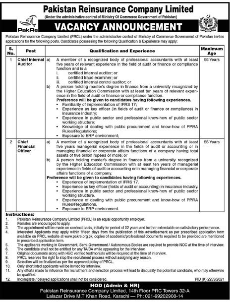 Pakistan Reinsurance Company Limited Prcl Jobs Job