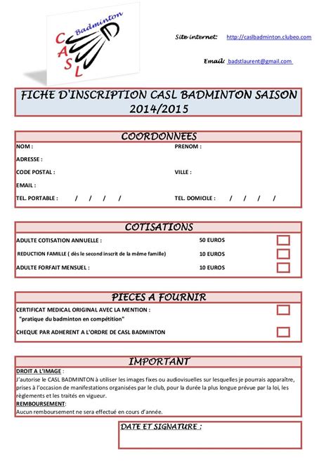 Fiche Inscription Badminton Par K Vin Fichier Pdf