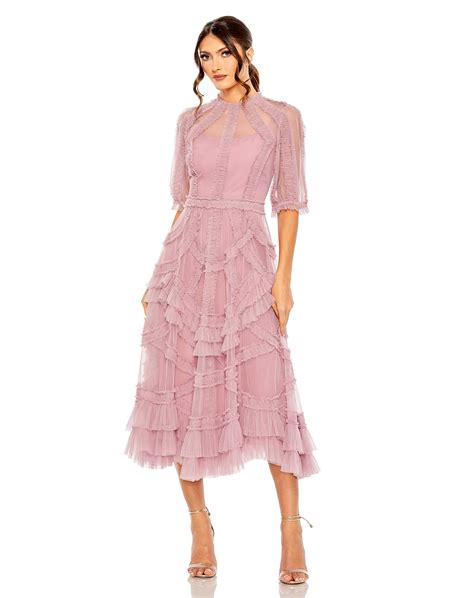 High Neck Puff Sleeve Ruffle Tiered Dress Mac Duggal