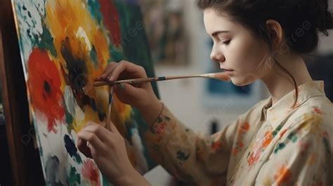 الفتاة ترسم بفرشاة الرسم على قماش كيف ترسم الصور صورة الخلفية للتحميل