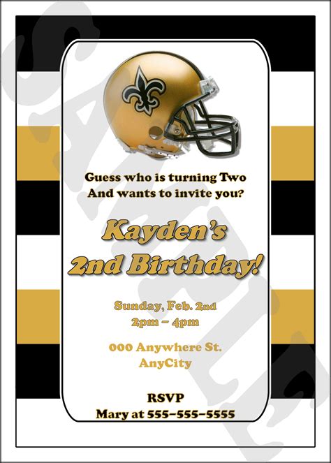 New Orleans Saints Football Printable Invitation Birthday Party Custom